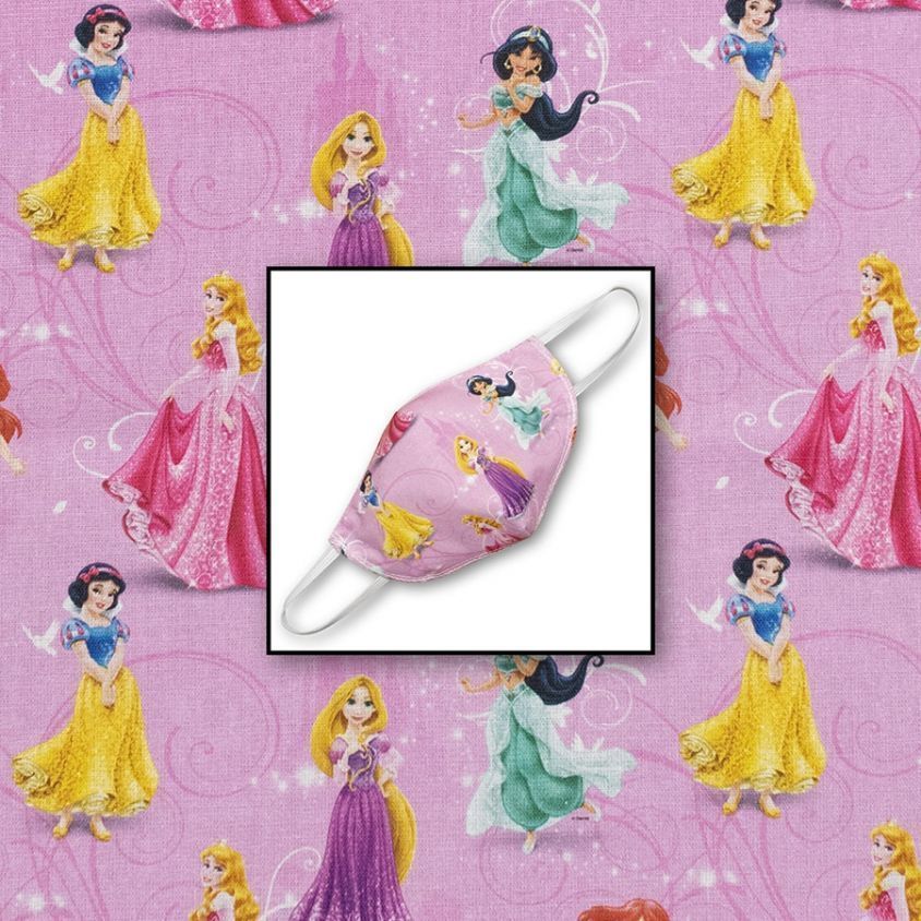 Principesse Disney, piccole su rosa, Mascherina a conchiglia con Tasca, per bambini e Adulti, in TNT e Cotone